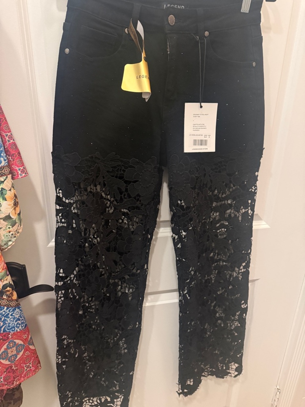 LEGEND Black Straight-Leg Jeans Floral Lace Overlay Lace Jeans Rhinestones 28/M
